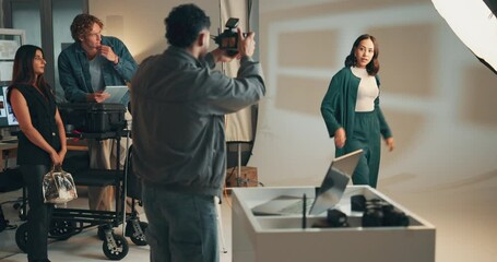 Aufkleber - Fashion, photographer and model with people in studio for ecommerce catalog, production and camera. Creative project, photoshoot and backstage with men and women on set for filming a brand campaign
