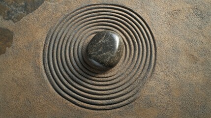 Fototapete - Smooth stone at center of sand circles representing stability and strength, inviting reflection and tranquility in a mindful space