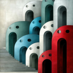 Poster - Abstract geometric design with colorful arches and steps creating a modern artistic composition