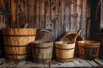 Poster - Traditional wooden tubs and buckets for sauna rituals create a serene and practical atmosphere in a rustic setting