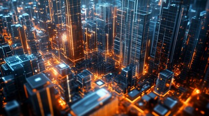 Aufkleber - Futuristic Cityscape with Glowing Grid Lines and Modern Architecture