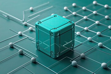Poster - Vibrant Teal Cube Background Featuring Interconnected Dots and Lines for Technology and Innovation