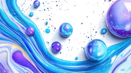 Poster - Abstract Fluid Art: Blue and Purple Spheres in Swirling Paint