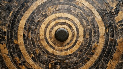 Poster - Smooth stone surrounded by concentric circles on sand representing stability and inner strength in a balanced composition