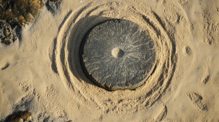 Fototapete - Centered smooth stone surrounded by circles in sand evokes calmness and strength with a perfect balance of natures elements