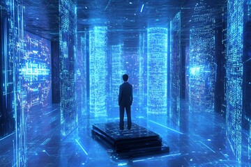 Leinwandbilder - Person in a captivating digital space surrounded by vibrant blue pillars of innovative technology and data : Generative AI