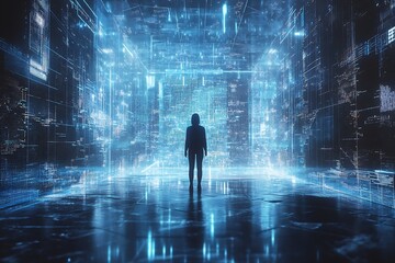 Poster - Person standing in futuristic digital environment with glowing blue data and technology background : Generative AI