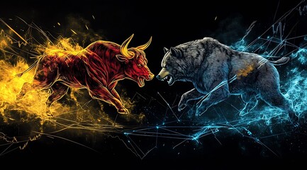 Aufkleber - Fierce bull and bear symbols representing the stock market and financial competition : Generative AI