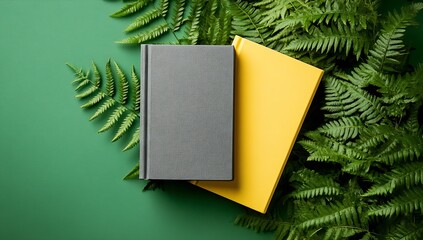 Poster - Two stylish notebooks in gray and yellow placed artistically on a vibrant green backdrop surrounded by ferns : Generative AI
