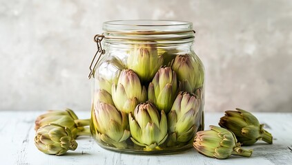 Poster - Fresh artichokes packed in a glass jar showcasing their natural beauty and rich texture : Generative AI