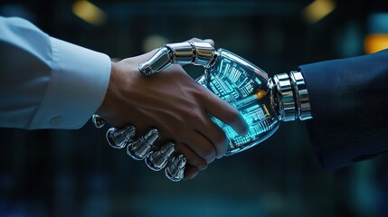 Poster - Businessman Shaking Hands with Robotic AI Hand in Futuristic Setting