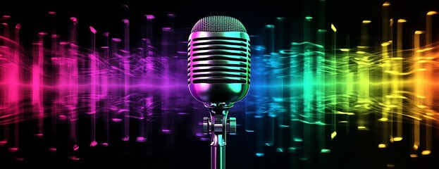 Poster - Stylish microphone against a backdrop of colorful sound waves and pulsating light effects : Generative AI