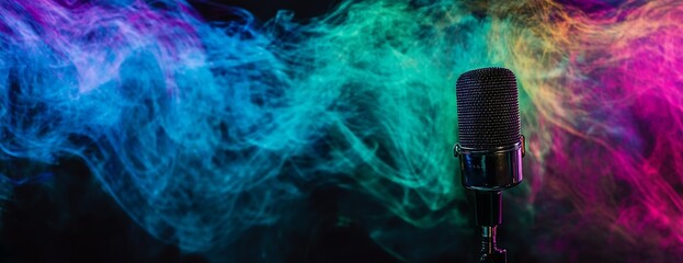 Poster - Colorful smoke art creating vibrant atmosphere around a microphone with dynamic colors : Generative AI