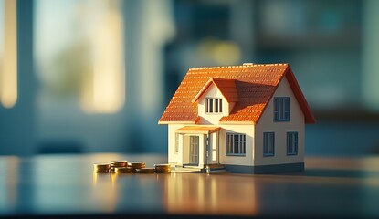 Aufkleber - Miniature model house with coins representing investment in real estate on a wooden table : Generative AI
