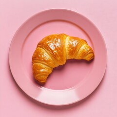 Poster - Mouthwatering croissant set on a soft pink plate inviting you to indulge in its creamy layers : Generative AI