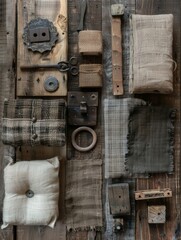 Leinwandbilder - Rustic furniture elements displayed on textured wooden surface ideal for craft workshops and furniture manufacturers