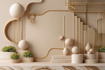 Poster - Luxury 3D Beige Backdrop with Soft Layered Shapes and Golden Accents