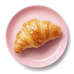 Poster - Heavenly croissant showcased on a soft pink plate perfect for any breakfast or snack time : Generative AI