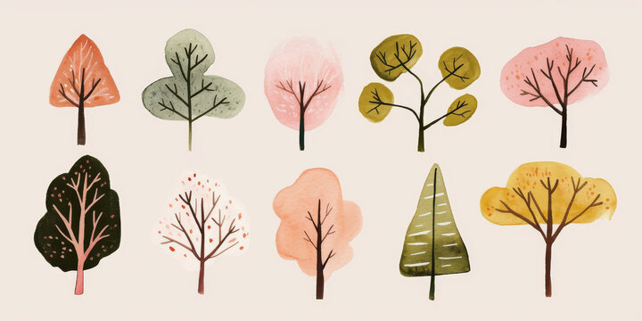 Minimal Watercolor Tree Collection with Soft and Natural Hues