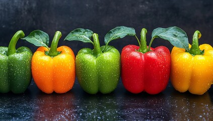 Poster - Assorted Fresh Bell Peppers with Glimmering Water Drops Set Against a Dark Backdrop : Generative AI