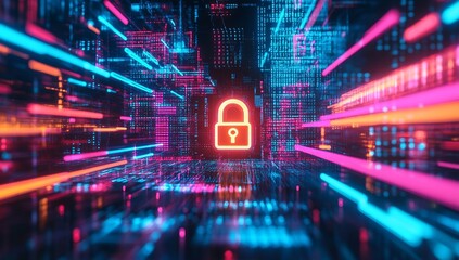 Poster - Dynamic glowing padlock in a high-tech space representing data security and modern cybersecurity solutions : Generative AI