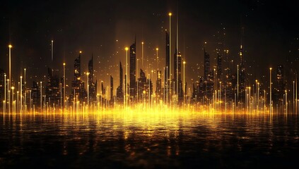 Fototapete - Majestic skyline illuminated with golden lights representing advanced technology and urban innovation : Generative AI
