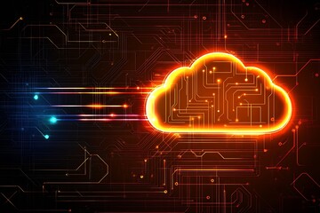 Aufkleber - Dynamic glowing cloud icon with motion effects against a high-tech circuit background depicting data transfer : Generative AI