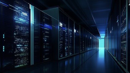 Leinwandbilder - Futuristic Data Center Corridor with High Tech Servers and Blue Lighting : Generative AI