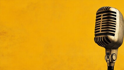 Poster - Retro styled microphone against a vibrant yellow background perfect for music and audio projects : Generative AI