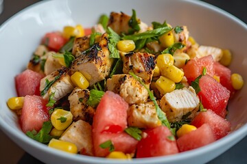 Poster - Grilled chicken salad featuring fresh watermelon and sweet corn served in a bowl : Generative AI