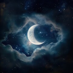 Wall Mural - 08030846 05 Surreal cosmic composition, full moon merging into a crescent moon, vibrant galaxy hues, nebula clouds, constellations radiating soft light.