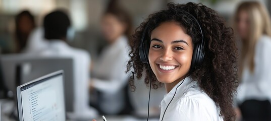 Poster - Cheerful woman wearing headphones smiling at the camera in a modern office environment : Generative AI