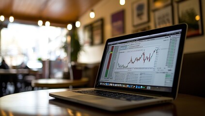 Leinwandbilder - Dynamic Financial Graphs Displayed on Laptop in Bright and Minimalist Cafe Environment : Generative AI