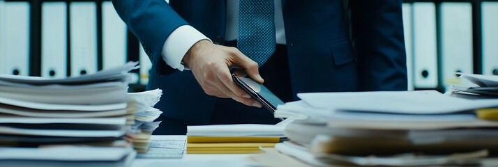 Poster - Professional business executive holding smartphone in office surrounded by paperwork and documents : Generative AI