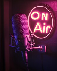 Poster - Stylish microphone showcased with neon On Air sign creating a dynamic sound setting : Generative AI