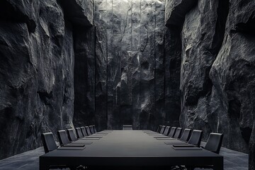 Poster - Spacious corporate conference room with imposing dark rock walls and a large central table : Generative AI