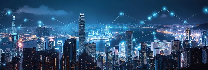Fototapete - Illuminated skyline showcasing the vibrant city at night highlighting urban innovation and digital connections : Generative AI
