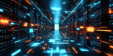 Fototapete - Futuristic Data Center Corridor Featuring High-Speed Technology and Neon Lights : Generative AI