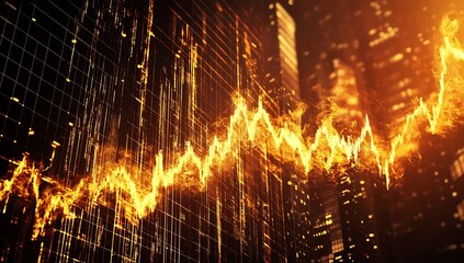 Fototapete - Illuminated Financial Growth Line Overlaying a Night Cityscape Symbolizing Market Trends and Insights : Generative AI