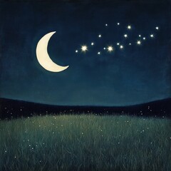 Wall Mural - Celestial dreamscape, whimsical full moon and crescent moon floating above a surreal glowing meadow, soft constellation lights.