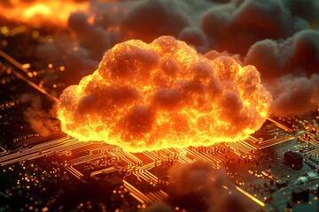 Fototapete - An energetic display of clouds with vibrant orange tones emerging from a circuit board signifying data cloud connections : Generative AI