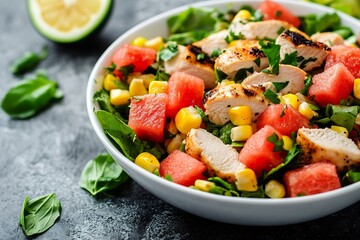Poster - Colorful chicken watermelon and corn salad with spinach and lime accents for a refreshing summer culinary experience : Generative AI