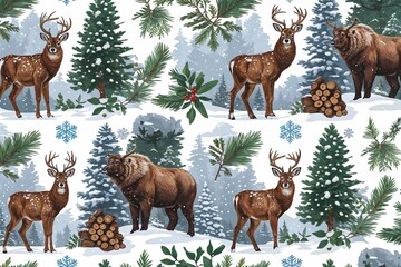  Winter Wildlife Botanical Pattern with Snowflakes and Evergreen Trees
