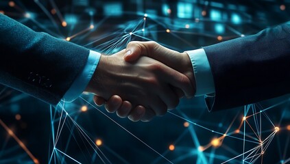 Aufkleber - Dynamic handshake representing partnership and cooperation in a digital environment for business innovation : Generative AI