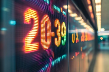 Aufkleber - Dynamic LED display featuring bright colorful numbers in an urban environment : Generative AI