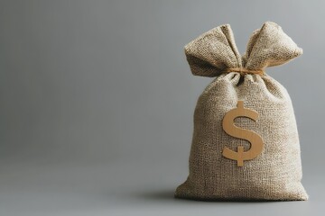 Poster - A stylish burlap sack with a dollar sign symbolizing wealth and savings against a minimalist gray background : Generative AI