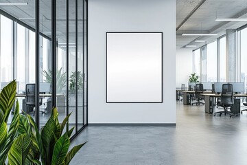 Aufkleber - A modern office with a blank framed poster on a white wall, featuring glass partitions, open workstations, and greenery. Ideal for business, branding, and interior design concepts