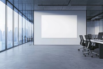 Aufkleber - A modern office with a blank white screen on a wall, glass partitions, and sleek desks, creating a minimalist and professional workspace. Ideal for business, branding, and interior design