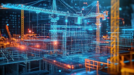 Poster - Holographic Construction Site with Digital Tools and Crane Structures