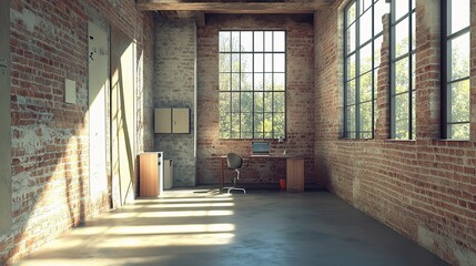 Poster - Modern Industrial Loft Office Interior with Large Windows and Light